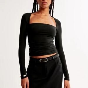 Aberrombie Ava Ruched Square Neck Long Sleeve Top Black Small